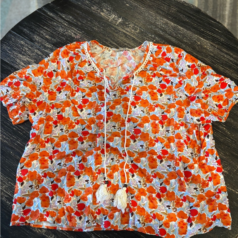 ViVi Floral Print Blouse in Red, Orange, Light Blue